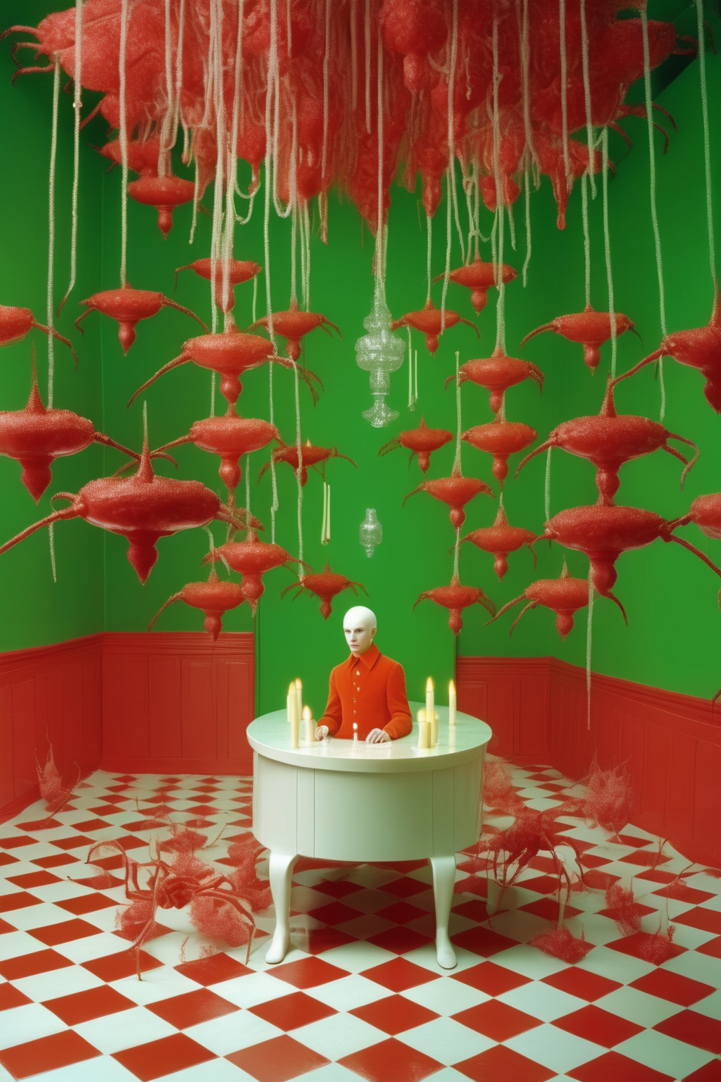 00210-47751764-_lora_Sandy Skoglund Style_1_Sandy Skoglund Style - Alien albino man atop white horse with red glossy drop spider chandelier spr.png